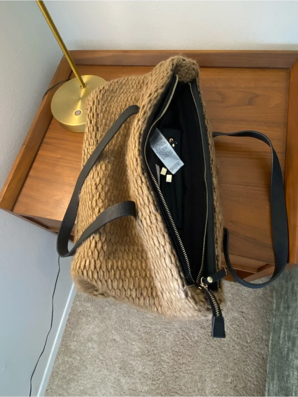 Stefanel Camel Knit Tote with Black Leather Handles
